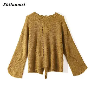 

Loose Pullovers Knitwear Solid Yellow White Fashion Mohair Women Sweater Pullovers Long Flare Sleeve Casual Knitted Pullovers