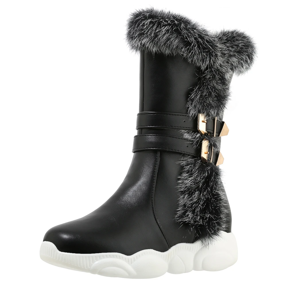 

Flat Bottom Real Rabbit Fur Metal Belt Buckle Mid-Calf Boots Lightweight Polyurethane Thick-Soled Fur Warm Women's Boots