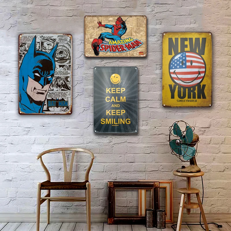 Vintage Smile Tin Signs Cartoon Bat Spider-Man Metal Sign Painting Bathroom Laundry Baby Living Room Decoration Retro Home Decor