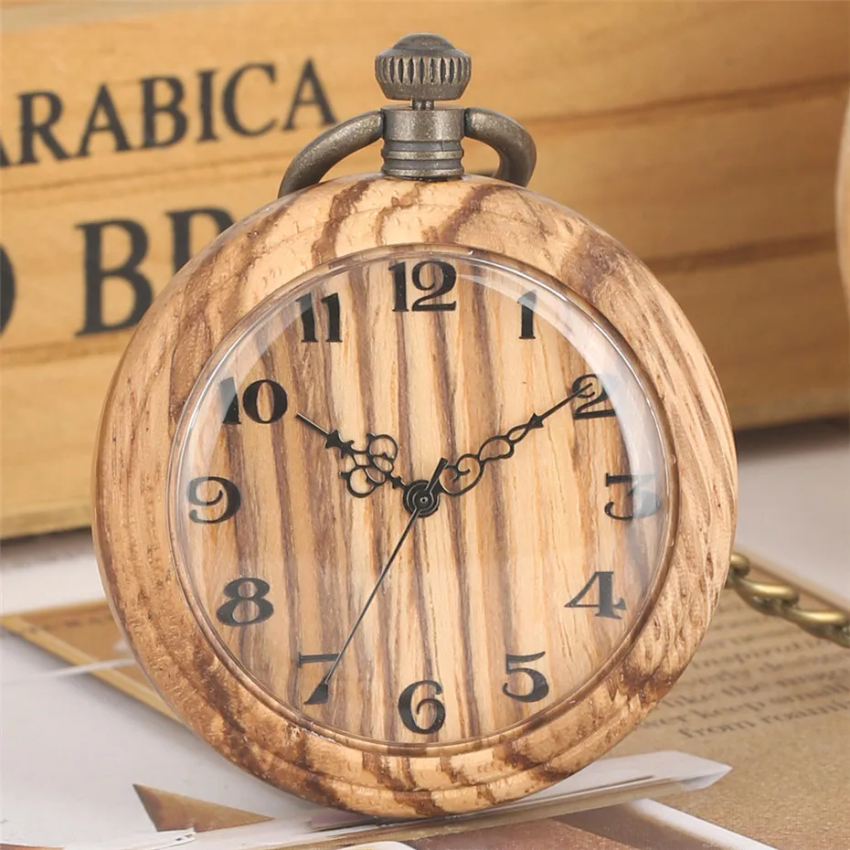 

Wooden Watch Pocket Hanging Clock Quartz Movement Creative Retro Pendant Watch Bronze Steampunk Fob Chain New Arrival 2019
