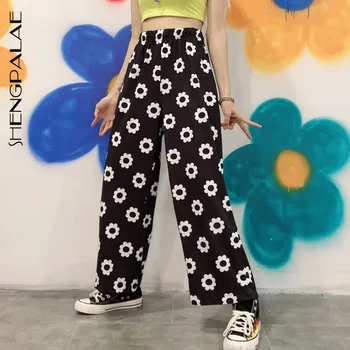 

SHENGPALAE 2020 Fashion Harajuku Streetwear Korean Women Cute Daisy Flower Graphic Print Straight Boho High Waist Pant ZA2832