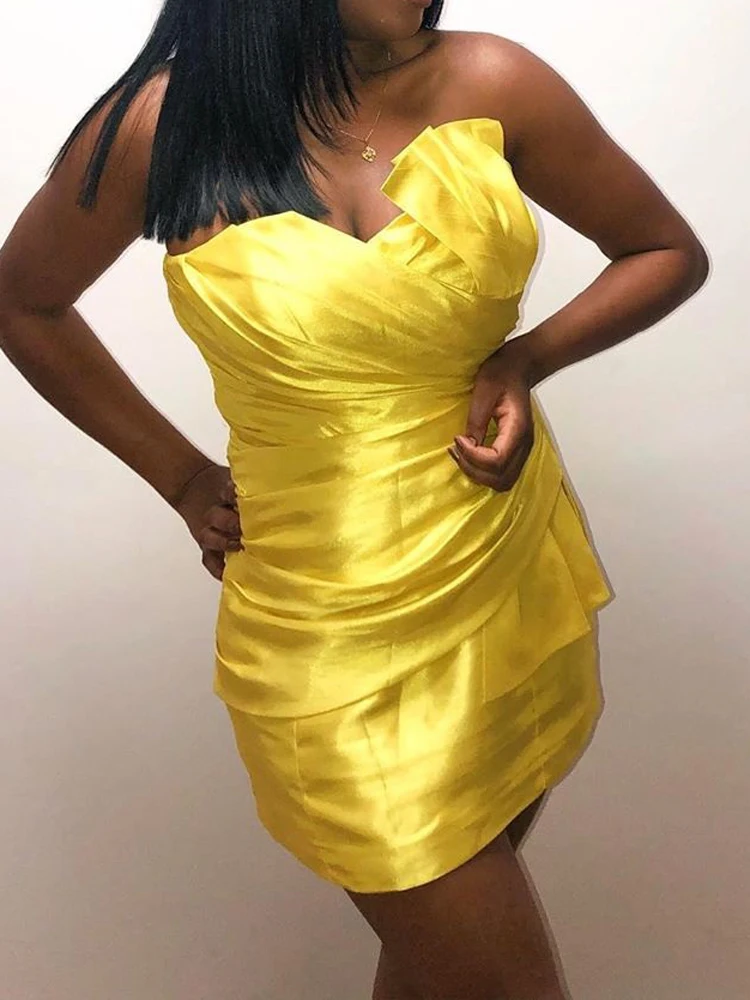 JillPeri структурное желтое атласное платье без бретелек высокая стрейч 2 слоя верхняя одежда с рюшами элегантное вечернее платье знаменитостей Сексуальные вечерние платья
