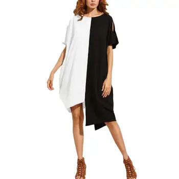 

Casual Women Dual Color Cutout Short Sleeve Round Neck Asymmetric Midi Dress