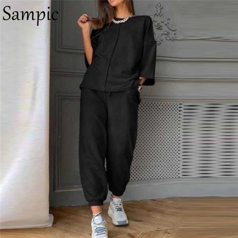 Sampic Tracksuit Women Sport Casual 2021 Summer Set Loose Khaki Short Sleeve Shirt Tops And Pants Bottom Suit Two Piece Set cute two piece sets