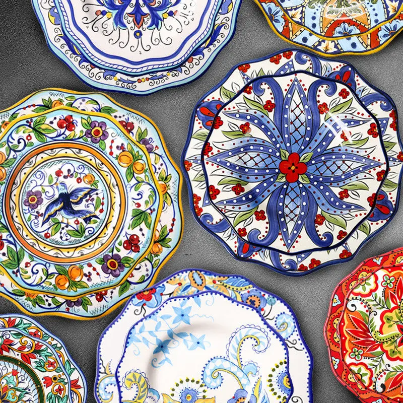 Ceramic Steak Plates Porcelain Dishes Kitchen Dinnerware Wedding Gifts Birthday Presents West Asian Style Flower & Bird 9 Inches