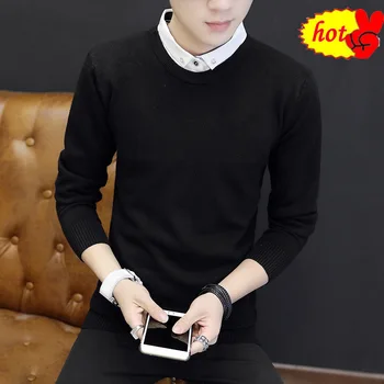 

Shirt Collar Autumn Mens Sweaters Pullover Knitted Preppy Style Men Sweater Thin Clothes Fake Two Pieces Black Pullovers