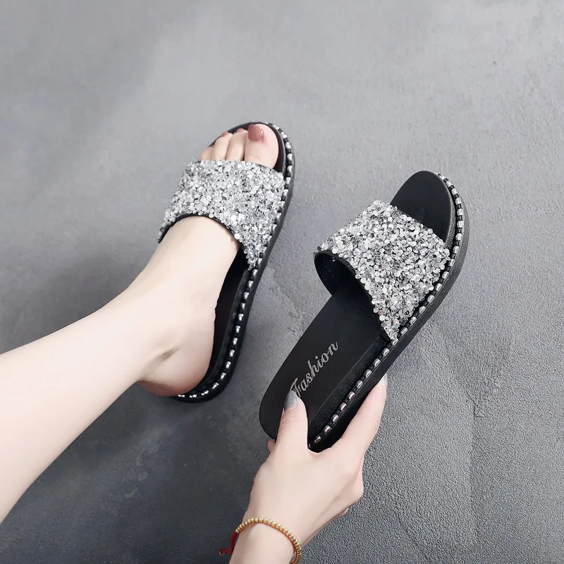 

2020 Women Summer Home Slippers Flip Flops Peep Toe Sandals Glitter Sandals Platform Ladies Shoes Zapatos Mujer 36-41