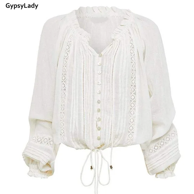 White Lace Vintage Blouse Shirt 100% Cotton Long Lantern Sleeve Green Earth Clothing » Eco Trading Marketplace 9