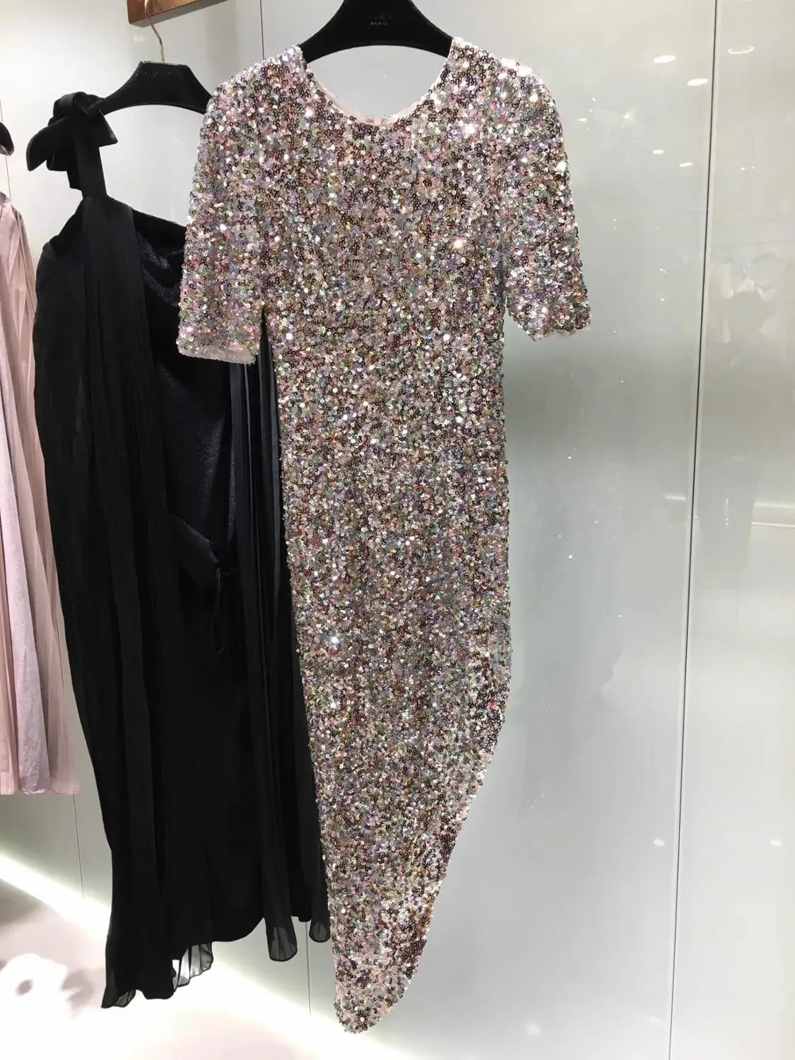 Blingbling подиумное Платье женское сексуальное Асимметричное Платье-футляр модное летнее платье с коротким рукавом и блестками