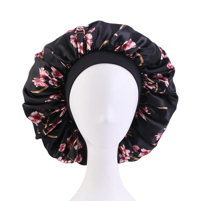 New Women Big Size Beauty print Satin Silky Bonnet Sleep Night Cap Head Cover Bonnet Hat for For Curly Springy Hair Black 408D Black