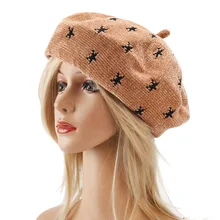 Напечатаны Пять Звезд Берет Шляпа Женская Британский стиль художника шерстяная шапка винтажная Женская модная шапка тыква шляпа