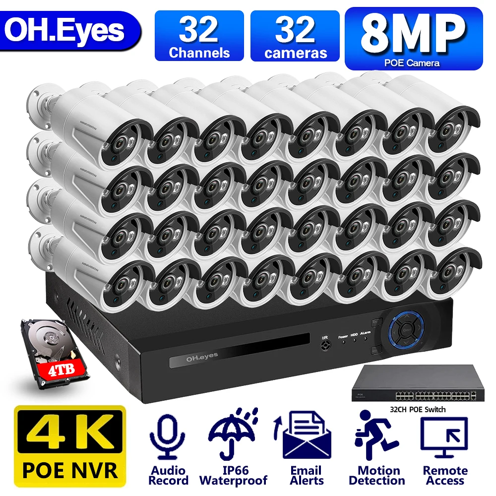 

OH.eyes 4K NVR 32CH 5MP 8MP POE IP Camera 32pcs IP System Indoor/Outdoor IP Camera CCTV Security System Kit IP66