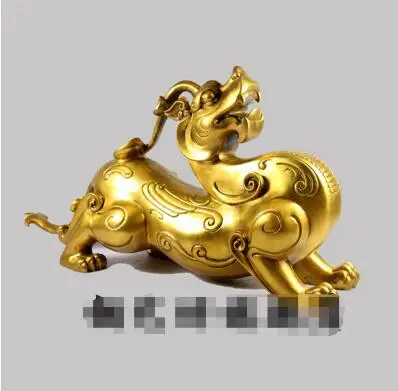 16 ''Китай античная бронза благоприятное животное Собака Лев Статуэтка единорога цилинь Статуэтка Женщины Бронзовый Искусство точек
