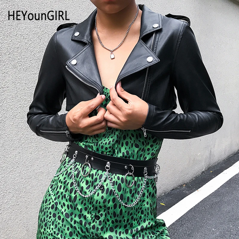 Куртка HEYounGIRL из искусственной кожи с черным мехом повседневная Байкерская
