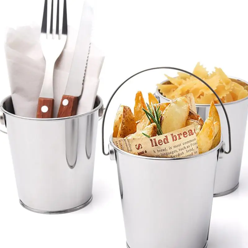 Stainless Steel Ice Bucket Fries Bucket Snacks Fried Chicken Metal Bucket Mini Food Container Restaurant Bar Storage Barrel