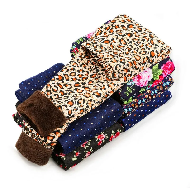 Children Girls Leggings Casual Plus Velvet Thick Warm Trousers Cartoon Print Stretchy Elastic Pants Leggings