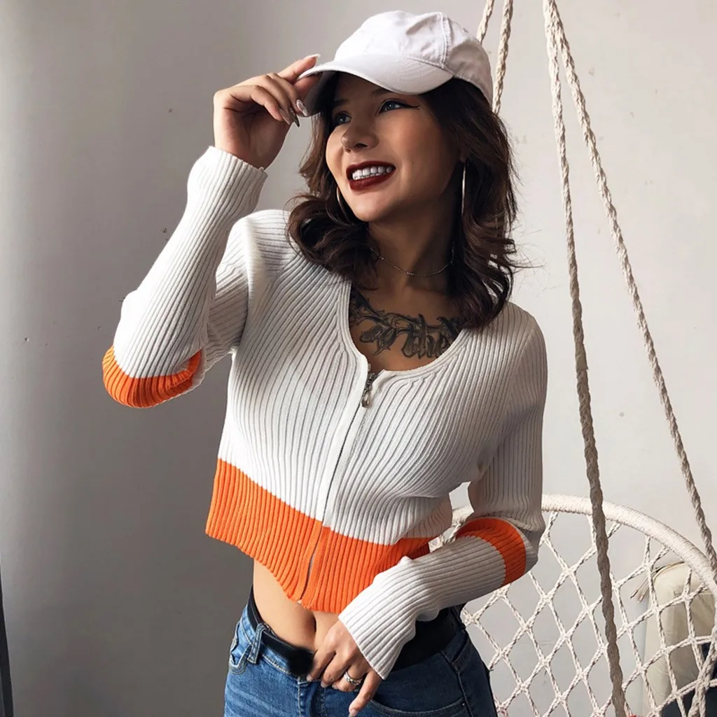 coats and jackets Women Autumn Long Sleeve Color Splicing Zipper Knitting Pullover Short Blouse chaquetas mujer manteau femme