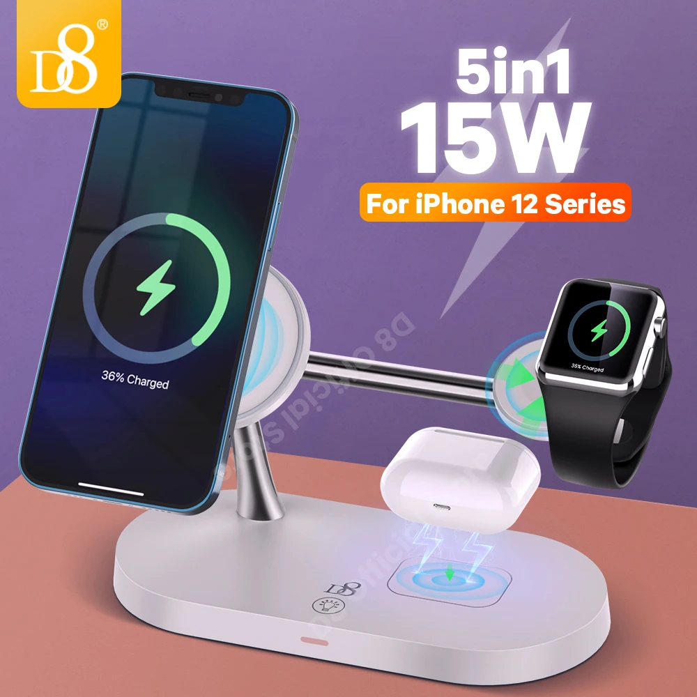 5 in 1 Magnetic Wireless Charger 15W Fast Charging Station Stand Night Light for iPhone 12 Pro for Apple Watch for Airpods Pro