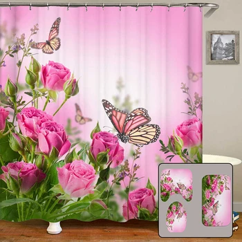 

Pink Rose Butterfly Shower Curtain Bath Mat Toilet Cover Rug Bathroom Decor Set Shower Curtains Bath Products Bathroom Decor