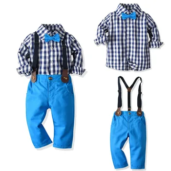 

Children's autumn long-sleeved plaid shirt bow tie bib three-piece suit set casual gentleman boy dress 0-6 years old