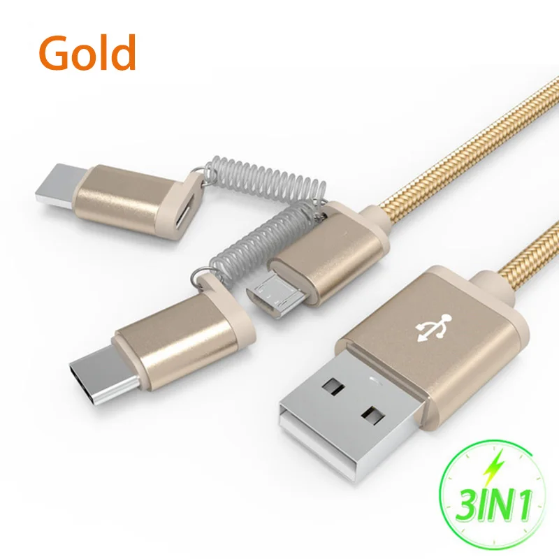 3 в 1 кабель быстрой зарядки qc 3,0 для samsung galaxy A50 A80 S8 S9 S10 realme lenovo meizu black shark 2 micro usb type c шнур - Цвет: Gold
