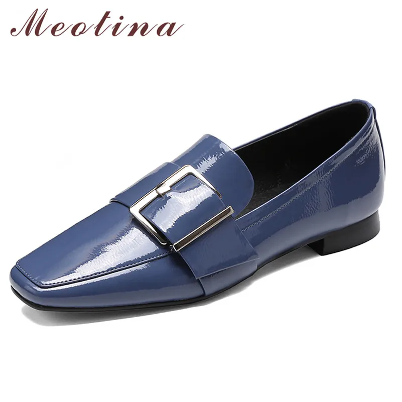 

Meotina Cow Leather Flats Women Shoes Natural Genuine Leather Flat Loafers Shoes Buckle Square Toe Boat Shoes Ladies Size 34-39