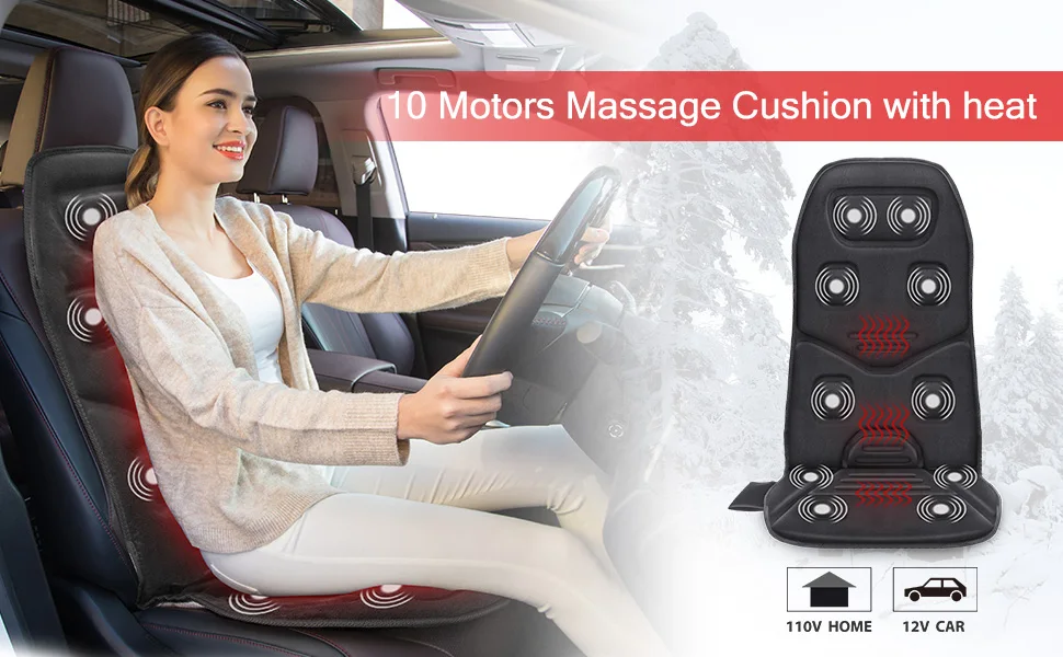 Back Massager Seat Cushion for Car Universal Fit Auto Shut Off 12V Car Seat Heater COMFIER Heated Car Seat Cover with Massage- 3 Fast Heating Pads & 6 Vibration Massage Motors 