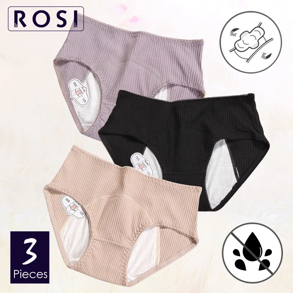 ROSI, 3 шт., Ребристое хлопковое нижнее белье для женщин, трусы для недержания, герметичные, менструальные трусы, трусы большого размера для женщин