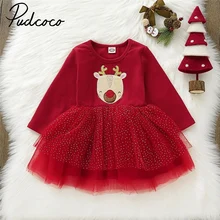 Pudcoco/осеннее детское рождественское Пышное фатиновое платье-пачка принцессы с длинными рукавами для маленьких девочек Рождественские вечерние платья для детей от 1 года до 4 лет