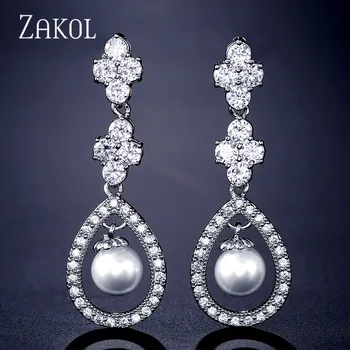 

ZAKOL New Delicate Hollow Water Drop Shape Shiny Zircon Dangle Earrings For Women Cute Imitation Pearl Boucle D'oreille FSEP2237