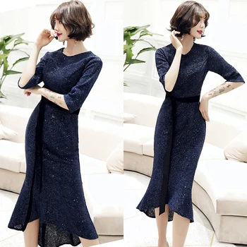 

Skyyue O-Neck Prom Dresses Black Sequins Party Dresses 2020 K149 Tea-Length Elegant Robe De Soiree Navy Blue Mermaid Prom Gowns