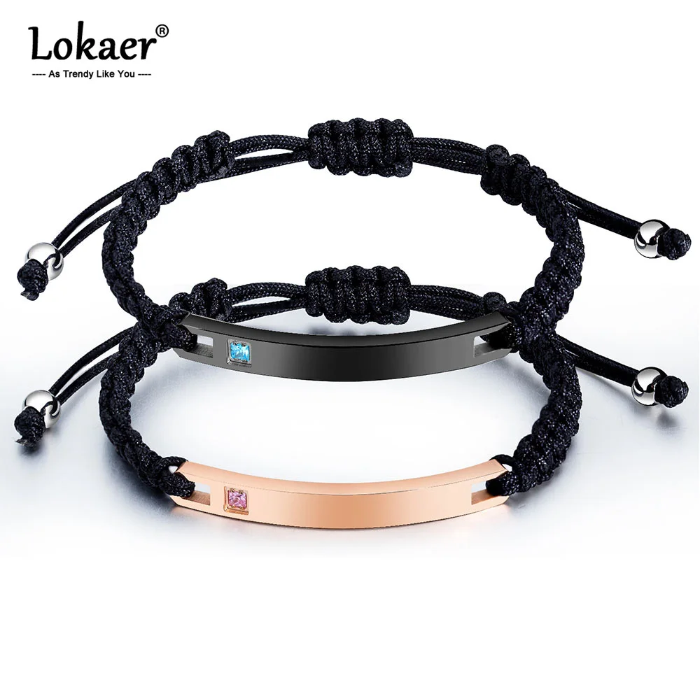 

Lokaer Trendy Titanium Stainless Steel Couple Bracelets Bangles For Lover Mosaic Crystal LOVE Custom Engraving Bracelets OGS1014