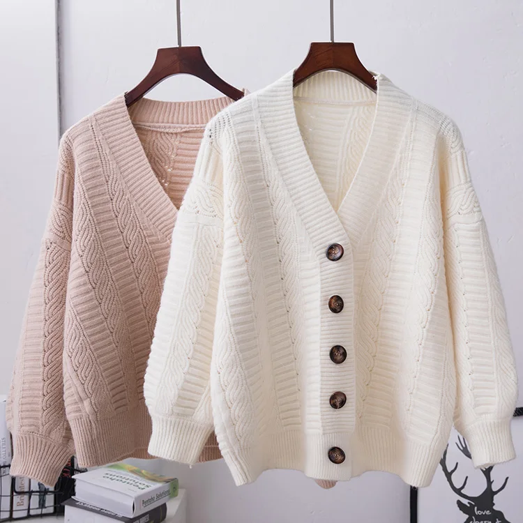 

V-neck Sweater Women's New Korean of White Loose Large Size Lazy Wind Cardigan Knitting Tops