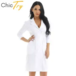 ChicTry для женщин и взрослых медицинские услуги лабораторное пальто костюм врача воротник с лацканами длиной до колена, белый тонкий