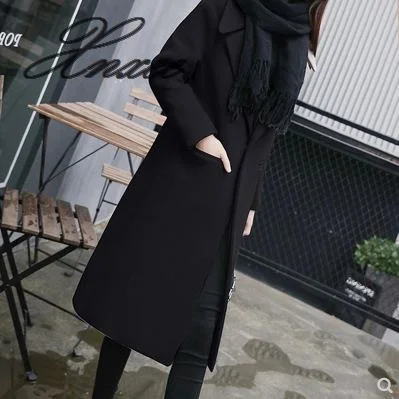 Женское длинное шерстяное пальто с отворотом, плотное, свободное, однотонное, темное, с пряжкой, длинное, до колена, зимнее пальто, большой размер, шерстяное пальто для женщин, Новинка - Цвет: Черный