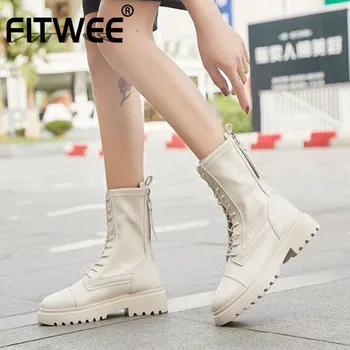 

FITWEE Women Short Boots Cross Strap Zipper Fashion Platform Winter Shoes Woman Mid Calf Boot Office Lady Footwear Size 35-40