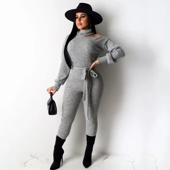 

Women Bodycon Jumpsuits Turtleneck Long-sleeved Nightclub Bodysuit Knitted Rompers Women Jumpsuit Casual Bow Slim Sexy Jumpsuits