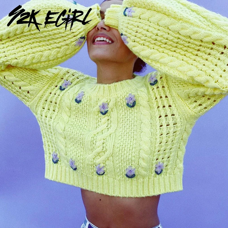 

Y2K EGIRL Sweet Twist with Floral Embroidery Oversized Sweaters Vintage Chic O-neck Lantern Sleeve Cropped Yellow Pullovers Knit