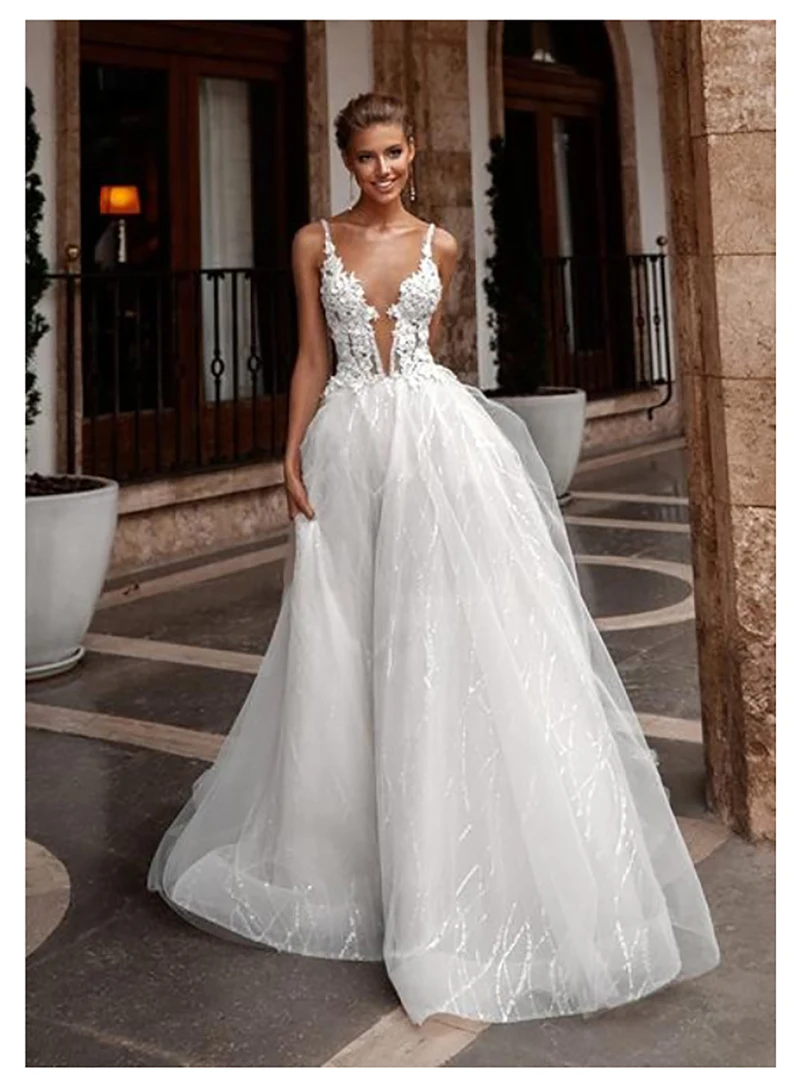 Boho Пляжное свадебное платье сексуальное v-образный вырез на тонких бретельках