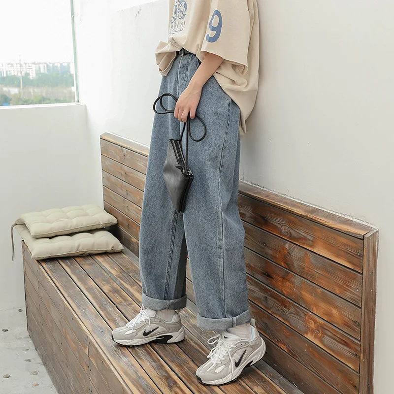 Chic High Waist Denim Pants Women Retro Harajuku Wide Leg Zipper Fly Akle-Length Jeans Pants Push Up Flare Trousers Streetwear