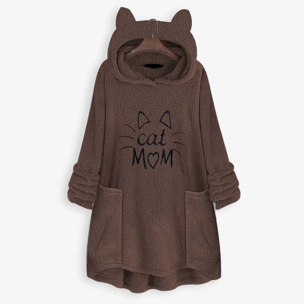 Women Sweatshirt Women Cat Mom Fleece Embroidery Cat Ear Hoodie Sweatshirts Pocket Pullover Top mujer Winter Hoodies#L20