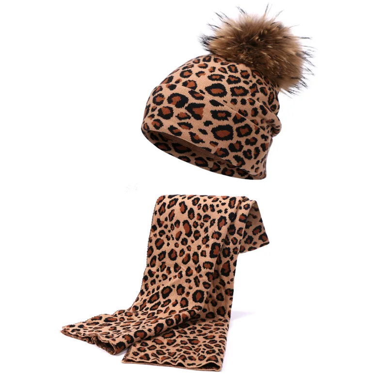 Leopard Printed Beanie Hats Scarf Set With Real Fox Pompon For Women Winter Warm Thick Knitted Caps Fashion Lady Beanies 2 Piece