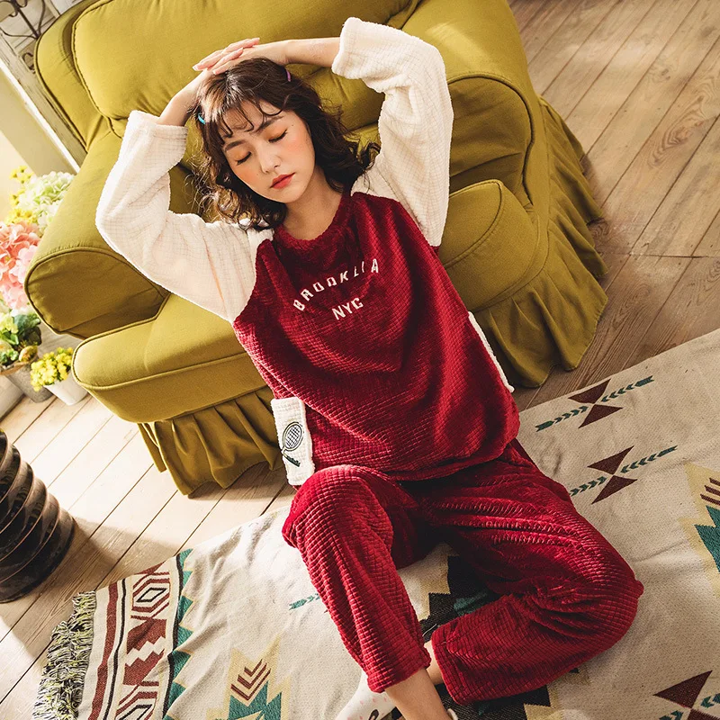 Sleepwear Women Plush Pajamas Autumn and Winter Long-sleeved Thick Warm Two-piece Cute Home Clothing Suit