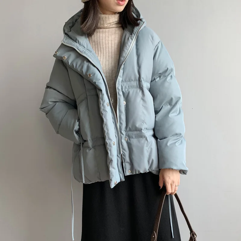 Autumn Winter Korean Warm Puffer Jacket Women Casual Solid Long Sleeve With Hooded Pink Blue Black Loose Coat Tops