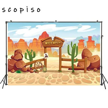 

Scopiso Cartoon Wild West Scene Photography Backdrop Wanted Poster and Mountains Cactus Skull Photo Background Studio Prop