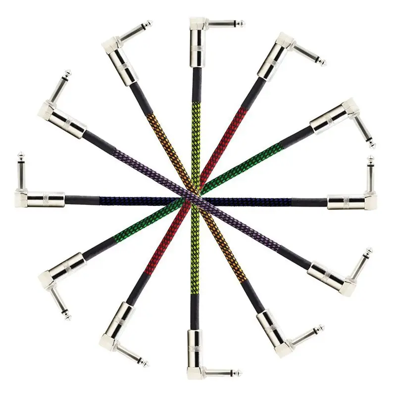 Guitar Patch Cable with 1/4 inch Right Angle Plugs 6 Colors,Tweed Woven Jacket,1 Feet/0.3Meter,6 Pack