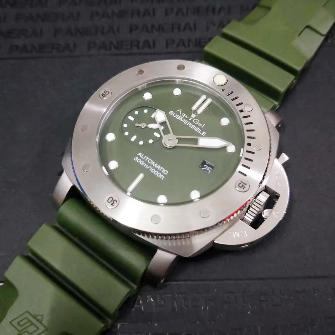 

Luxury Brand New Men Automatic Mechanical Self Wind Silver Green Rubber Stainless Steel Luminous Watch AAA+ 47MM