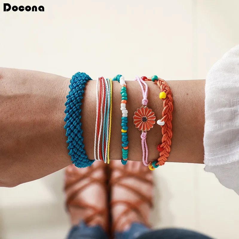 

Docona 5pcs/sets Colorful Rope Adjustable Bracelets Pretty Daisy Beaded Handmade Summer Women Jewelry Drop Shipping 8310