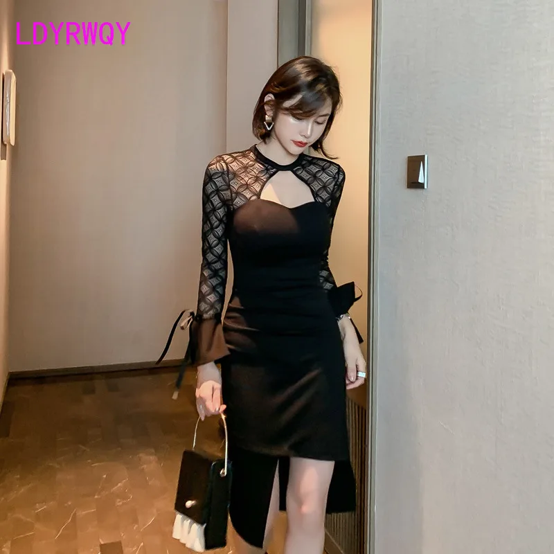 

2019 autumn sexy low-cut openwork lace stitching sleeve irregular bag arm bottoming dress