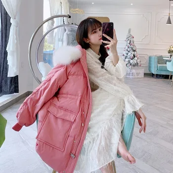 

White Duck Down Jacket Women's Mediumn Long Fox Fur Collar Thin Thick Warm Chic Coat Female Adjustable Waist 2020 New Fashion